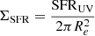 Mathematical equation: $$ \begin{aligned} \Sigma _{\rm SFR} = \frac{{\mathrm{SFR}_{\rm UV}}}{2\pi R_{e}^2} \end{aligned} $$