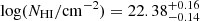 Mathematical equation: $ \log (N_{\mathrm{HI}}/\mathrm{cm}^{-2}) = 22.38^{+0.16}_{-0.14} $