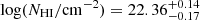 Mathematical equation: $ \mathrm{log}(N_{\mathrm{HI}}/\mathrm{cm^{-2}}) = 22.36^{+0.14}_{-0.17} $