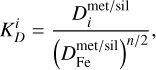 Mathematical equation: $K_D^i = {{D_i^{{\rm{met/sil}}}} \over {{{\left( {D_{{\rm{Fe}}}^{{\rm{met/sil}}}} \right)}^{n/2}}}},$