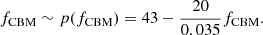 Mathematical equation: $$ \begin{aligned} f_{\rm {CBM}} \sim p(f_{\rm {CBM}}) = 43 - \frac{20}{0.035}f_{\rm {CBM}}. \end{aligned} $$