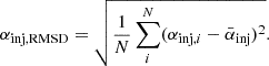 Mathematical equation: $$ \begin{aligned} \alpha _{\mathrm{inj, RMSD} } = \sqrt{\frac{1}{N}\sum _i^N (\alpha _{\mathrm{inj} ,i}-\bar{\alpha }_{\mathrm{inj} })^2}. \end{aligned} $$