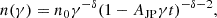 Mathematical equation: $$ \begin{aligned} n(\gamma ) = n_0\gamma ^{-\delta }(1-A_{\mathrm{JP} }\gamma t)^{-\delta -2}, \end{aligned} $$