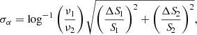 Mathematical equation: $$ \begin{aligned} \sigma _{\alpha } = \log ^{-1}\left(\frac{\nu _1}{\nu _2}\right)\sqrt{\left(\frac{\Delta {S\!}_1}{{S\!}_1}\right)^2 + \left(\frac{\Delta {S\!}_2}{{S\!}_2}\right)^2}, \end{aligned} $$