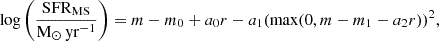 Mathematical equation: $$ \begin{aligned} \log \left(\frac{\mathrm{SFR}_{\mathrm{MS}}}{\mathrm M_{\odot }\,\mathrm {yr}^{-1}}\right) = m - m_{0} + a_{0}r - a_{1}(\max (0, m - m_{1} - a_{2}r))^2, \end{aligned} $$