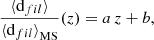 Mathematical equation: $$ \begin{aligned} \frac{{\langle \mathrm{d} _{ fil } \rangle }}{{\langle \mathrm{d} _{ fil } \rangle }_{\rm MS}}(z) = a\,z + b, \end{aligned} $$
