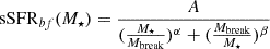 Mathematical equation: $$ \begin{aligned} \mathrm{sSFR}_{bf}(M_{\star }) = \frac{A}{(\frac{M_{\star }}{M_{\text{break}}})^{\alpha } + (\frac{M_{\text{break}}}{M_{\star }})^{\beta }} \end{aligned} $$