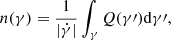 Mathematical equation: $$ \begin{aligned} n(\gamma ) = \frac{1}{|\dot{\gamma }|} \int _{\gamma } Q(\gamma \prime ) \mathrm{d} \gamma \prime , \end{aligned} $$