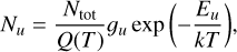 Mathematical equation: $\[N_u=\frac{N_{\text {tot }}}{Q(T)} g_u ~\exp \left(-\frac{E_u}{k T}\right),\]$