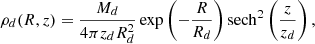 Mathematical equation: $$ \begin{aligned} \rho _{d} (R, z) = \frac{M_{d}}{4\pi z_{d} R_{d}^2} \exp \left( -\frac{R}{R_{d}} \right) \mathrm{sech}^2 \left(\frac{z}{z_{d}}\right), \end{aligned} $$