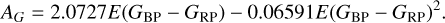 Mathematical equation: ${A_G} = 2.0727E\left( {{G_{{\rm{BP}}}} - {G_{{\rm{RP}}}}} \right) - 0.06591E{\left( {{G_{{\rm{BP}}}} - {G_{{\rm{RP}}}}} \right)^2}.$
