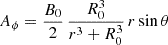 Mathematical equation: $ A_{\phi} = \frac{B_0}{2} \, \frac{R_0^3}{r^3+R_0^3} \, r \sin\theta $