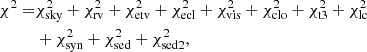 Mathematical equation: $$ \begin{aligned} \chi ^2 =&\chi ^2_{\rm sky} + \chi ^2_{\rm rv} + \chi ^2_{\rm etv} + \chi ^2_{\rm ecl} + \chi ^2_{\rm vis} + \chi ^2_{\rm clo} + \chi ^2_{\rm t3} + \chi ^2_{\rm lc}\nonumber \\&+ \chi ^2_{\rm syn} + \chi ^2_{\rm sed} + \chi ^2_{\rm sed2}, \end{aligned} $$