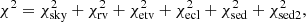 Mathematical equation: $$ \begin{aligned}&\chi ^2 = \chi ^2_{\rm sky} + \chi ^2_{\rm rv} + \chi ^2_{\rm etv} + \chi ^2_{\rm ecl} + \chi ^2_{\rm sed} + \chi ^2_{\rm sed2}, \end{aligned} $$