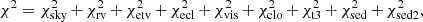 Mathematical equation: $$ \begin{aligned} &\chi ^2 = \chi ^2_{\rm sky} \,{+}\, \chi ^2_{\rm rv} \,{+}\, \chi ^2_{\rm etv} \,{+}\, \chi ^2_{\rm ecl} \,{+}\, \chi ^2_{\rm vis} \,{+}\, \chi ^2_{\rm clo} \,{+}\, \chi ^2_{\rm t3} \,{+}\, \chi ^2_{\rm sed} \,{+}\, \chi ^2_{\rm sed2}, \end{aligned} $$