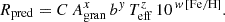 Mathematical equation: $$ \begin{aligned} R_{\rm pred} = C\,A_{\rm gran}^{x}\,b^{y}\,T_{\rm eff}^{z}\,10^{\,w\,\mathrm{[Fe/H]}}. \end{aligned} $$