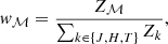 Mathematical equation: $$ \begin{aligned} w_\mathcal{M} =\frac{Z_\mathcal{M} }{\sum _{k\in \{J,H,T\}}Z_k}, \end{aligned} $$