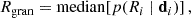 Mathematical equation: $$ \begin{aligned} R_{\mathrm{gran} }=\mathrm{median} \!\left[p(R_i\mid \mathbf d _i)\right], \end{aligned} $$