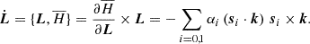 Mathematical equation: $$ \begin{aligned} \dot{\boldsymbol{L}}&= \{ \boldsymbol{L}, \overline{H}\} = \frac{\partial \overline{H}}{\partial \boldsymbol{L}} \times \boldsymbol{L}= - \sum _{i=0,1} \alpha _i \left( \boldsymbol{s}_i \cdot \boldsymbol{k}\right) \, \boldsymbol{s}_i \times \boldsymbol{k}. \end{aligned} $$
