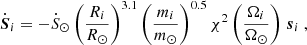Mathematical equation: $$ \begin{aligned} \dot{\boldsymbol{S}}_i = - \dot{S}_\odot \left( \frac{R_i}{R_\odot } \right)^{3.1} \left( \frac{m_i}{m_\odot } \right)^{0.5} \chi ^2 \left( \frac{\Omega _i}{\Omega _\odot } \right) \, \boldsymbol{s}_i \ , \end{aligned} $$