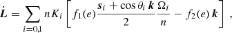 Mathematical equation: $$ \begin{aligned}&\dot{\boldsymbol{L}} = \sum _{i=0,1} n K_i \left[ f_1(e) \frac{\boldsymbol{s}_i + \cos \theta _i \, \boldsymbol{k}}{2} \frac{\Omega _i}{n} - f_2(e) \, \boldsymbol{k}\right] \ , \end{aligned} $$