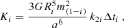 Mathematical equation: $$ \begin{aligned} K_i = \frac{3 G R_i^5 m_{(1-i)}^2 }{a^6} \, k_{2 i} \Delta t_i \ , \end{aligned} $$