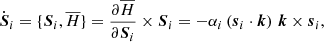 Mathematical equation: $$ \begin{aligned} \dot{\boldsymbol{S}}_i&= \{ \boldsymbol{S}_i, \overline{H}\} = \frac{\partial \overline{H}}{\partial \boldsymbol{S}_i} \times \boldsymbol{S}_i = - \alpha _i \left( \boldsymbol{s}_i \cdot \boldsymbol{k}\right) \, \boldsymbol{k}\times \boldsymbol{s}_i , \end{aligned} $$