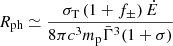 Mathematical equation: $$ \begin{aligned} R_\mathrm{ph} \simeq \frac{\sigma _\mathrm{T} \left(1 + f_\pm \right)\dot{E}}{8 \pi c^3m_\mathrm{p} \bar{\Gamma }^3(1+\sigma )} \end{aligned} $$