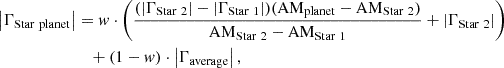 Mathematical equation: $$ \begin{aligned} \begin{aligned} \left| \Gamma _{\mathrm{Star\ planet}} \right|&= w \cdot \left( \frac{ (\left| \Gamma _{\mathrm{Star\ 2}} \right| - \left| \Gamma _{\mathrm{Star\ 1}} \right|) (\mathrm{AM}_{\mathrm{planet}}-\mathrm{AM}_{\mathrm{Star\ 2}}) }{ \mathrm{AM}_{\mathrm{Star\ 2}}-\mathrm{AM}_{\mathrm{Star\ 1}} } + \left| \Gamma _{\mathrm{Star\ 2}} \right| \right) \\&\quad + (1-w)\cdot \left| \Gamma _{\mathrm{average}} \right|, \end{aligned} \end{aligned} $$