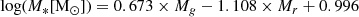 Mathematical equation: $$ \begin{aligned} \text{ log(} M_* \text{[M}_\odot \text{])}=0.673\times M_g - 1.108 \times M_r + 0.996 \end{aligned} $$