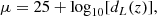 Mathematical equation: $$ \begin{aligned} \mu =25+\log _{10}[d_L(z)], \end{aligned} $$