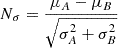 Mathematical equation: $ N_\sigma = \frac{\mu_A - \mu_B}{\sqrt{\sigma_A^2 + \sigma_B^2}} $