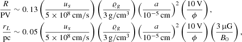 Mathematical equation: $$ \begin{aligned} \frac{R}{\mathrm{PV}}&\sim 0.13 \left( \frac{u_s}{5 \times 10^8 \,\mathrm{cm/s}}\right) \left( \frac{\varrho _g}{3\,\mathrm{g/cm^{3}}} \right) \left( \frac{a}{10^{-5}\,\mathrm{cm}} \right)^2 \left( \frac{10\,\mathrm{V}}{\phi } \right) ,\\ \frac{r_L}{\mathrm{pc}}&\sim 0.05 \left( \frac{u_s}{5 \times 10^8 \,\mathrm{cm/s}}\right) \left( \frac{\varrho _g}{3\,\mathrm{g/cm^{3}}} \right) \left( \frac{a}{10^{-5}\, \mathrm{cm}} \right)^2 \left( \frac{10\,\mathrm{V}}{\phi } \right) \left( \frac{3\,\upmu \mathrm{G}}{B_0} \right) \nonumber ,\end{aligned} $$
