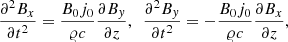 Mathematical equation: $$ \begin{aligned} \frac{\partial ^2 B_x}{\partial t^2} = \frac{B_0 j_0}{\varrho c} \frac{\partial B_y}{\partial z},\ \ \frac{\partial ^2 B_y}{\partial t^2} = -\frac{B_0 j_0}{\varrho c} \frac{\partial B_x}{\partial z} ,\end{aligned} $$