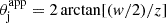 Mathematical equation: $ \theta^{\mathrm{app}}_{\mathrm{j}} = 2 \arctan[(w/2)/z] $