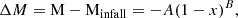 Mathematical equation: $$ \begin{aligned} \Delta M = \mathrm{M-M_{\rm infall}} = -A(1-x)^B, \end{aligned} $$