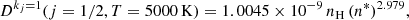 Mathematical equation: $$ \begin{aligned} D^{k_j = 1}(j = 1/2, T = 5000\,\mathrm{K} ) = 1.0045 \times 10^{-9}\, n_{\mathrm{H} }\, (n^{*})^{2.979}, \end{aligned} $$