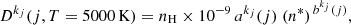 Mathematical equation: $$ \begin{aligned} D^{k_j}(j, T = 5000\,\mathrm{K} )&= n_{\mathrm{H} } \times 10^{-9}\, a^{k_j} (j) \; (n^{*})^{\, b^{k_j}(j)}, \end{aligned} $$
