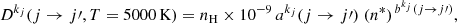 Mathematical equation: $$ \begin{aligned} D^{k_j}(j \rightarrow j\prime , T = 5000\,\mathrm{K} )&= n_{\mathrm{H} } \times 10^{-9}\, a^{k_j} (j \rightarrow j\prime ) \; (n^{*})^{\, b^{k_j}(j \rightarrow j\prime )}, \end{aligned} $$