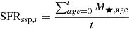 Mathematical equation: $$ \begin{aligned} \mathrm{SFR} _{\text{ssp}, t} = \frac{\sum _{age = 0}^{t} M_{\rm \bigstar , age}}{t} \end{aligned} $$
