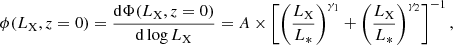 Mathematical equation: $$ \begin{aligned} \phi (L_{\rm X},z = 0) = \frac{\mathrm{d}\Phi (L_{\rm X},z = 0)}{\mathrm{d}\log L_{\rm X}} = A \times \left[\left(\dfrac{L_{\rm X}}{L_*}\right)^{\gamma _1} + \left(\dfrac{L_{\rm X}}{L_*}\right)^{\gamma _2}\right]^{-1}, \end{aligned} $$