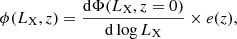 Mathematical equation: $$ \begin{aligned} \phi (L_{\rm X},z) = \frac{\mathrm{d}\Phi (L_{\rm X},z = 0)}{\mathrm{d}\log L_{\rm X}} \times e(z), \end{aligned} $$