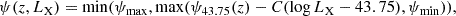 Mathematical equation: $$ \begin{aligned} \psi (z,L_{\rm X}) = \min (\psi _{\rm max}, \max (\psi _{43.75}(z) - C(\log L_{\rm X} - 43.75), \psi _{\rm min})), \end{aligned} $$