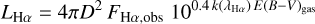 Mathematical equation: $\[L_{\mathrm{H} \alpha}=4 \pi D^2 ~F_{\mathrm{H} \alpha, \text {obs }} 10^{0.4 k\left(\lambda_{\mathrm{H} \alpha}\right) ~E(B-V)_{\mathrm{gas}}},\]$