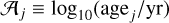 Mathematical equation: $\[\mathcal{A}_j \equiv \log _{10}\left(\text {age}_j / \mathrm{yr}\right),\]$