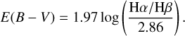 Mathematical equation: $\[E(B-V)=1.97 ~\log \left(\frac{\mathrm{H} \alpha / \mathrm{H} \beta}{2.86}\right) .\]$