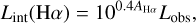 Mathematical equation: $\[L_{\mathrm{int}}(\mathrm{H} \alpha)=10^{0.4 A_{\mathrm{H} \alpha}} L_{\mathrm{obs}},\]$