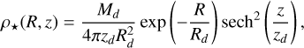 Mathematical equation: \rho_{\star} (R, z) = \frac{M_{d}}{4\pi z_{d} R_{d}^2} \exp \left( -\frac{R}{R_{d}} \right) \text{sech}^2 \left(\frac{z}{z_{d}}\right),