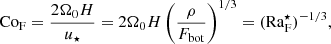 Mathematical equation: $$ \begin{aligned} \mathrm{Co}_{\rm F} = \frac{2\Omega _0 H}{u_\star } = 2\Omega _0 H \left(\frac{\rho }{F_{\rm bot}}\right)^{1/3} = (\mathrm{Ra}_{\rm F}^\star )^{-1/3}, \end{aligned} $$