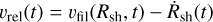 Mathematical equation: $\[v_{\text {rel}}(t)=v_{\text {fil}}(R_{\text {sh}}, t)-\dot{R}_{\text {sh}}(t)\]$